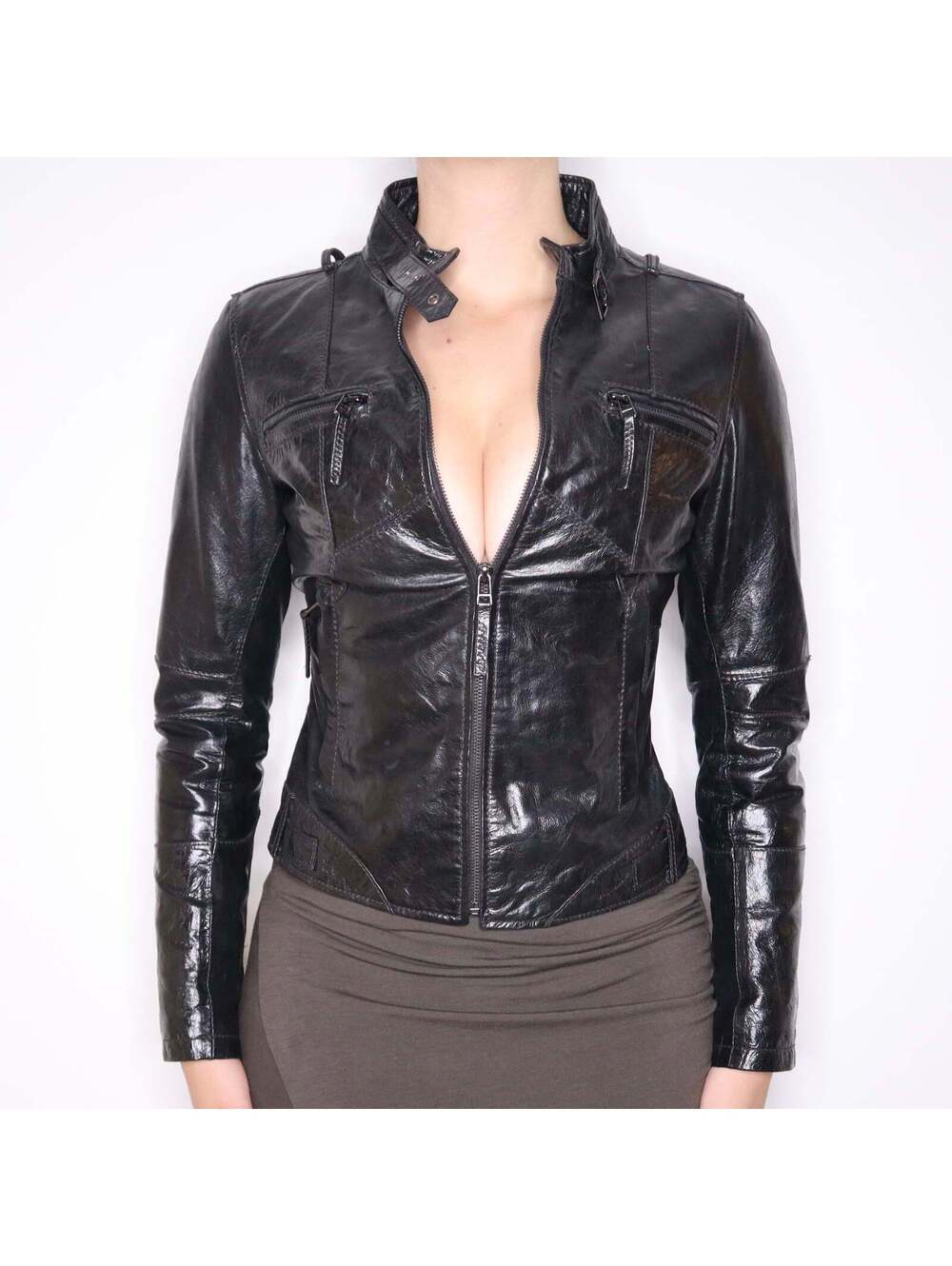 Y2K Italian Brand Black Genuine Leather Moto Jacket (S)
